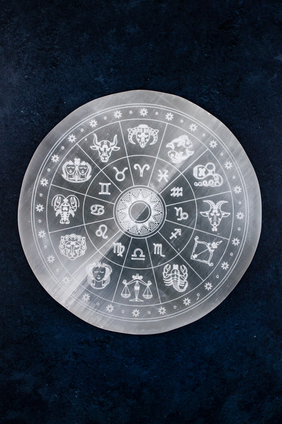 Load image into Gallery viewer, Satin Spar Selenite Zodiac Charging Plate
