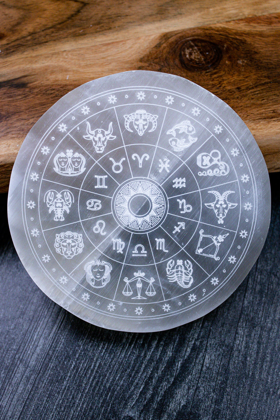 Load image into Gallery viewer, Satin Spar Selenite Zodiac Charging Plate
